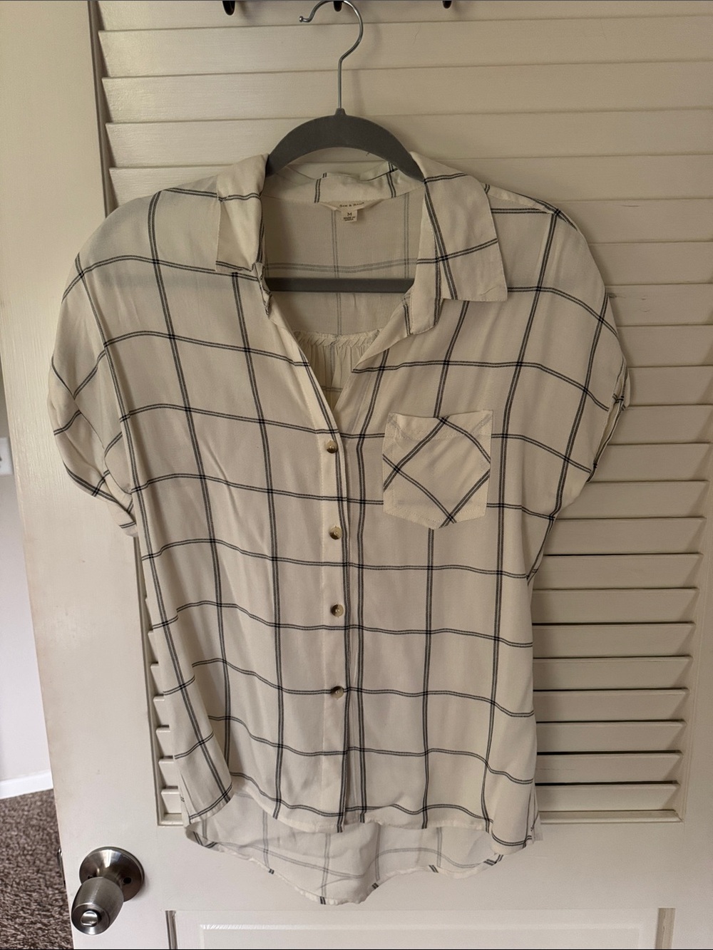 Relaxed White Windowpane Button-Front Blouse